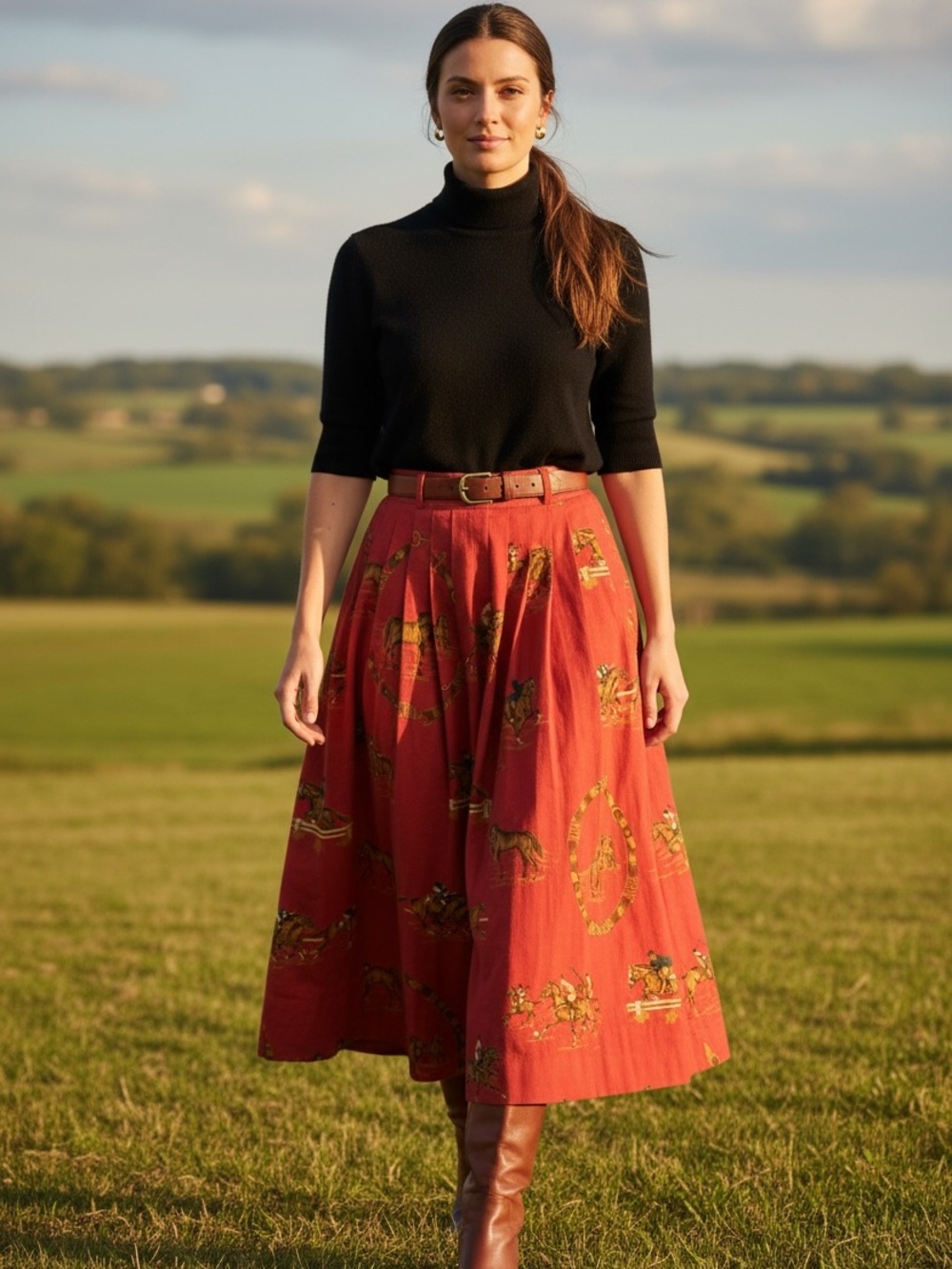 Vintage 1980’s Ralph Lauren blue label equestrian Red horse print Midi Skirt Sz8